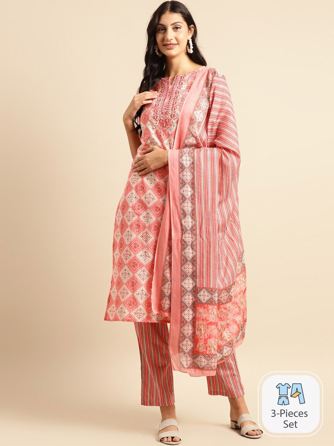 Sangria Ethnic Motif Printed Mirror Work Pure Cotton Straight Kurta With Trouser & Dupatta, Peach
Sangria Ethnic Motif Printed Mirror Work Pure Cotton Straight Kurta With Trouser & Dupatta, Peach
