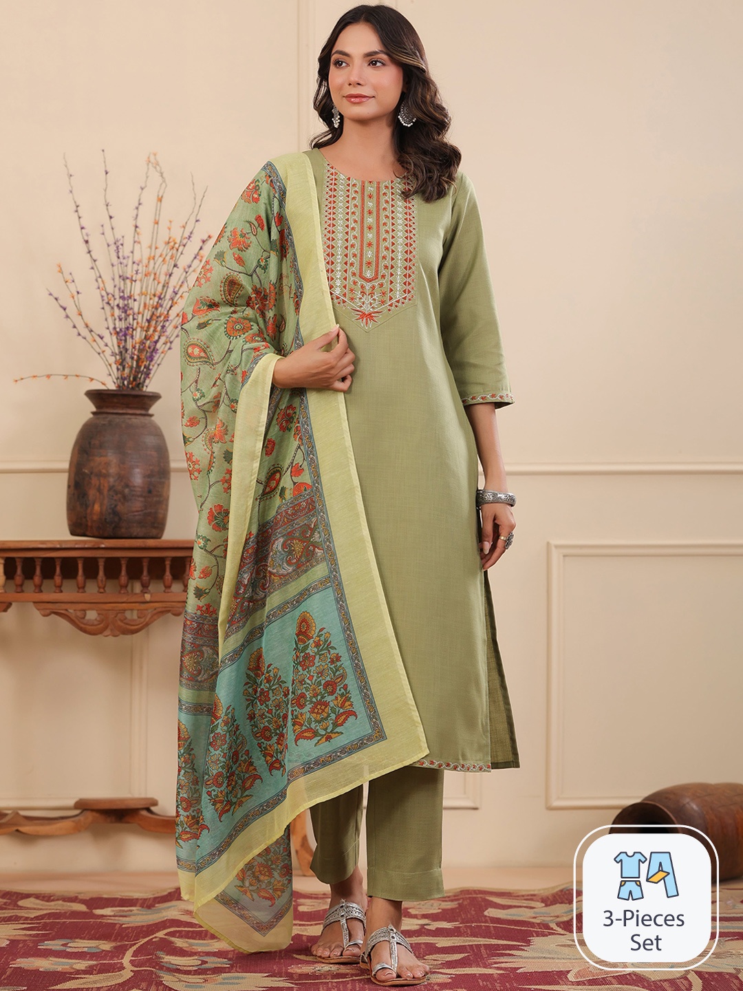 Rain & Rainbow Ethnic Motifs Embroidered Thread Work Kurta With Trousers & Dupatta, Green
Rain & Rainbow Ethnic Motifs Embroidered Thread Work Kurta With Trousers & Dupatta, Green