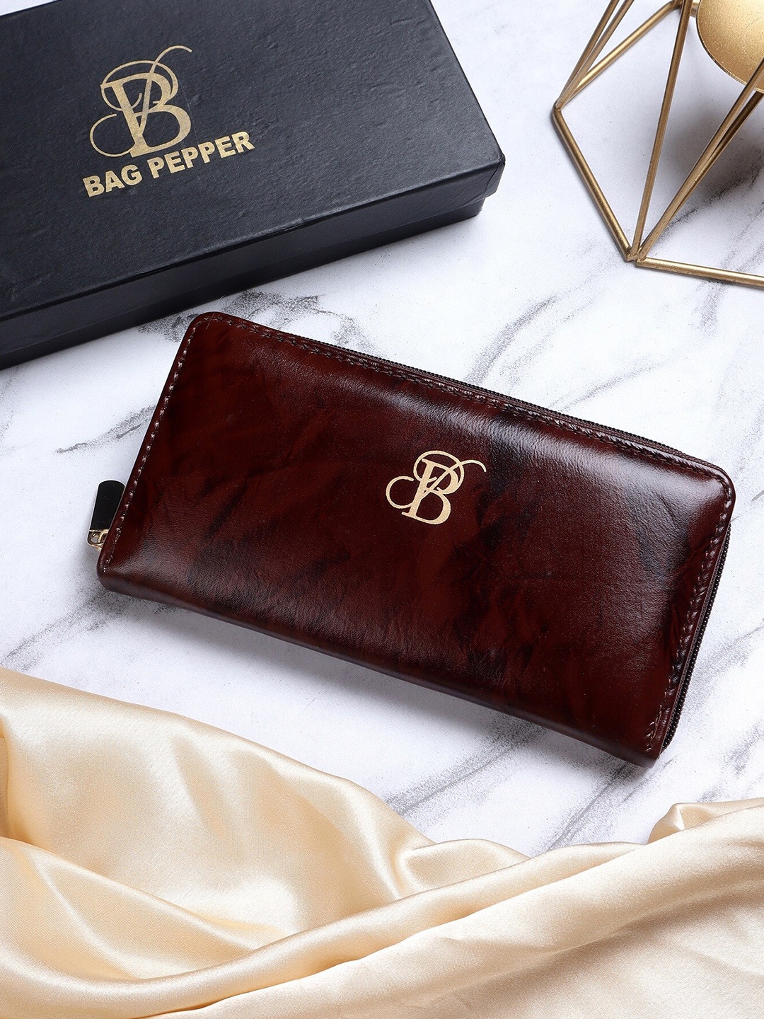 Bag Pepper Printed Leather Zip Around Wallet, Burgundy