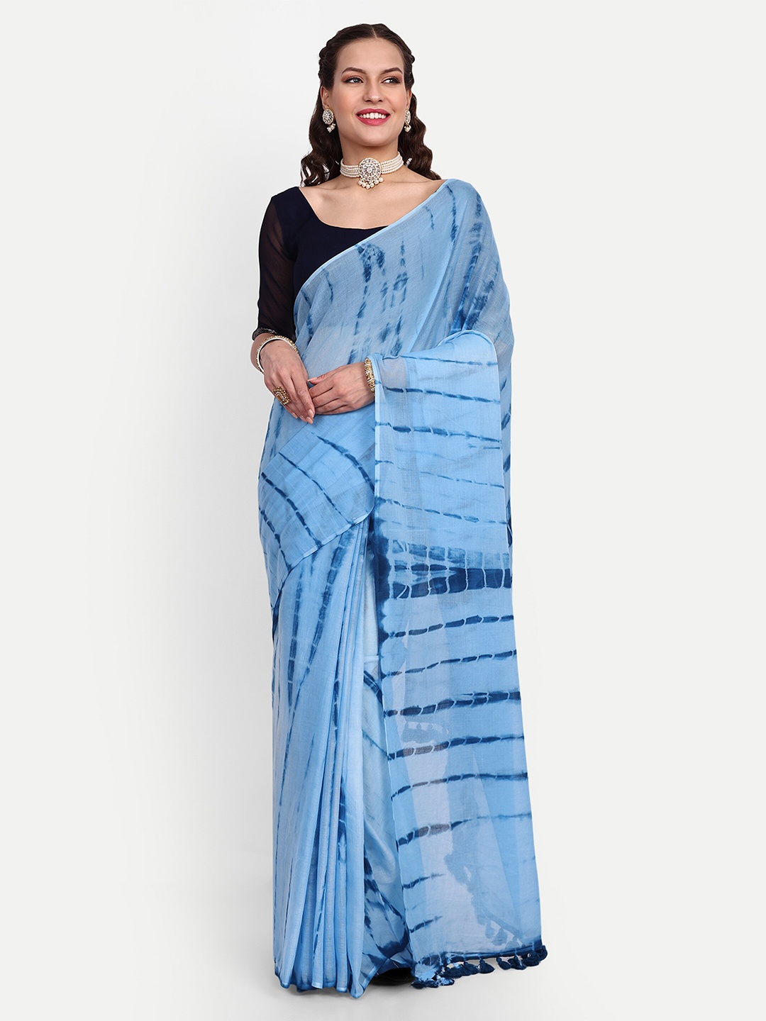 SAZRIKA Tie and Dye Dyed Pure Cotton Saree, Blue