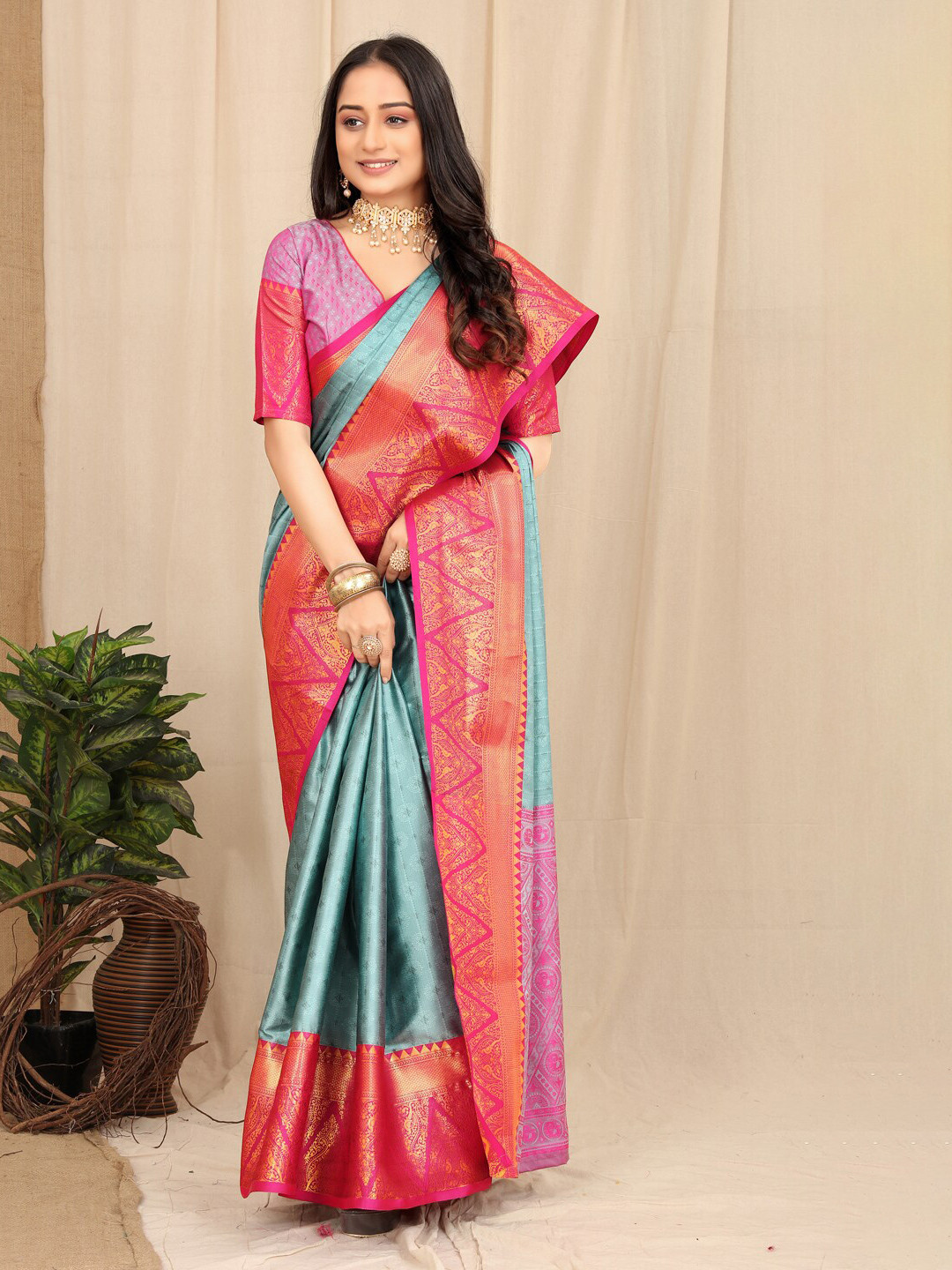 KALINI Ethnic Motifs Woven Design Zari Silk Cotton Mysore Silk Saree, Turquoise blue
KALINI Ethnic Motifs Woven Design Zari Silk Cotton Mysore Silk Saree, Turquoise blue