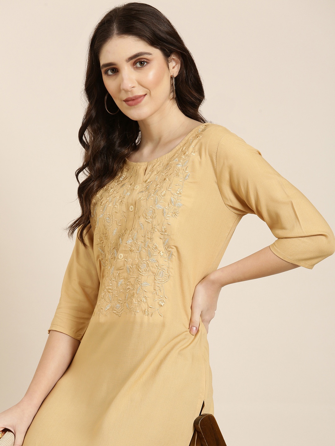 SHOWOFF Floral Embroidered Straight Kurta, Beige