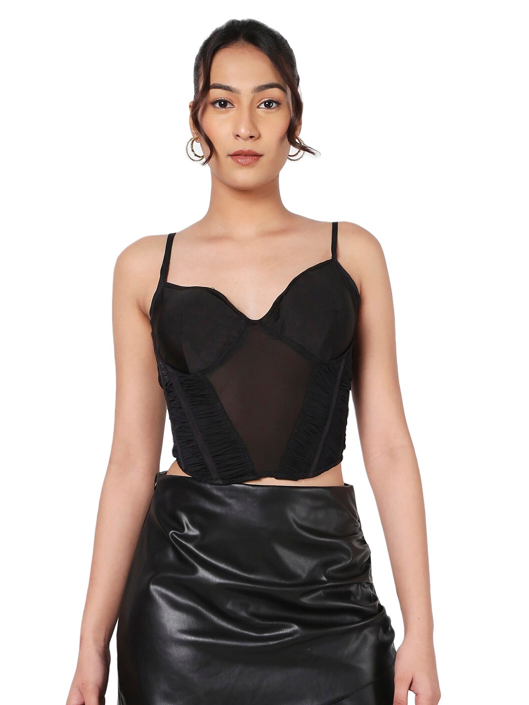 LIYOKKI Shoulder Straps Accordion Pleats Crop Fitted Top, Black