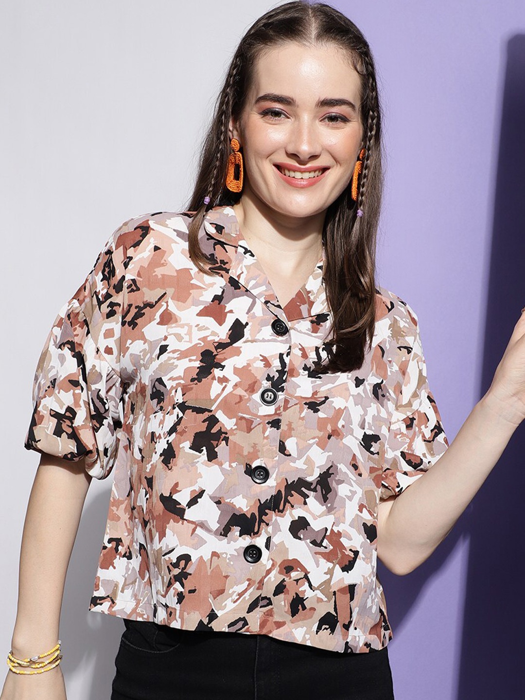 Colors of Earth Classic Cuban collar Abstract Printed Puff Sleeve Casual Shirt, Brown
Colors of Earth Classic Cuban collar Abstract Printed Puff Sleeve Casual Shirt, Brown