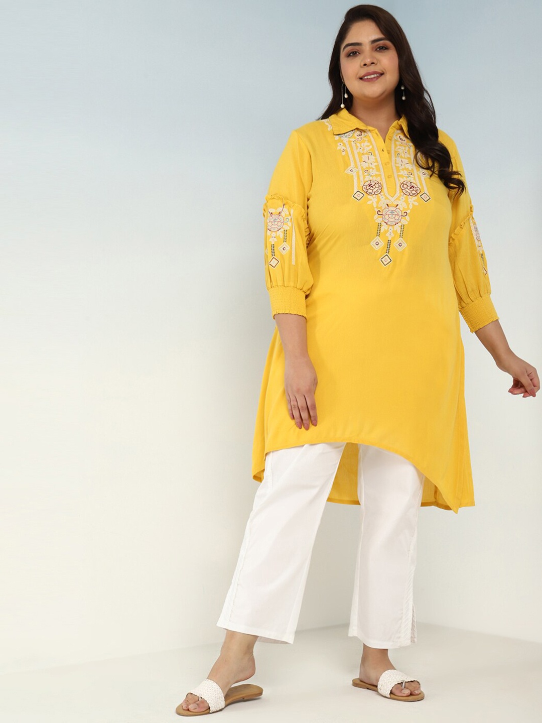 Lakshita Plus Size Ethnic Motifs Embroidered High-Low Shirt Collar A-Line Kurta, Yellow
Lakshita Plus Size Ethnic Motifs Embroidered High-Low Shirt Collar A-Line Kurta, Yellow