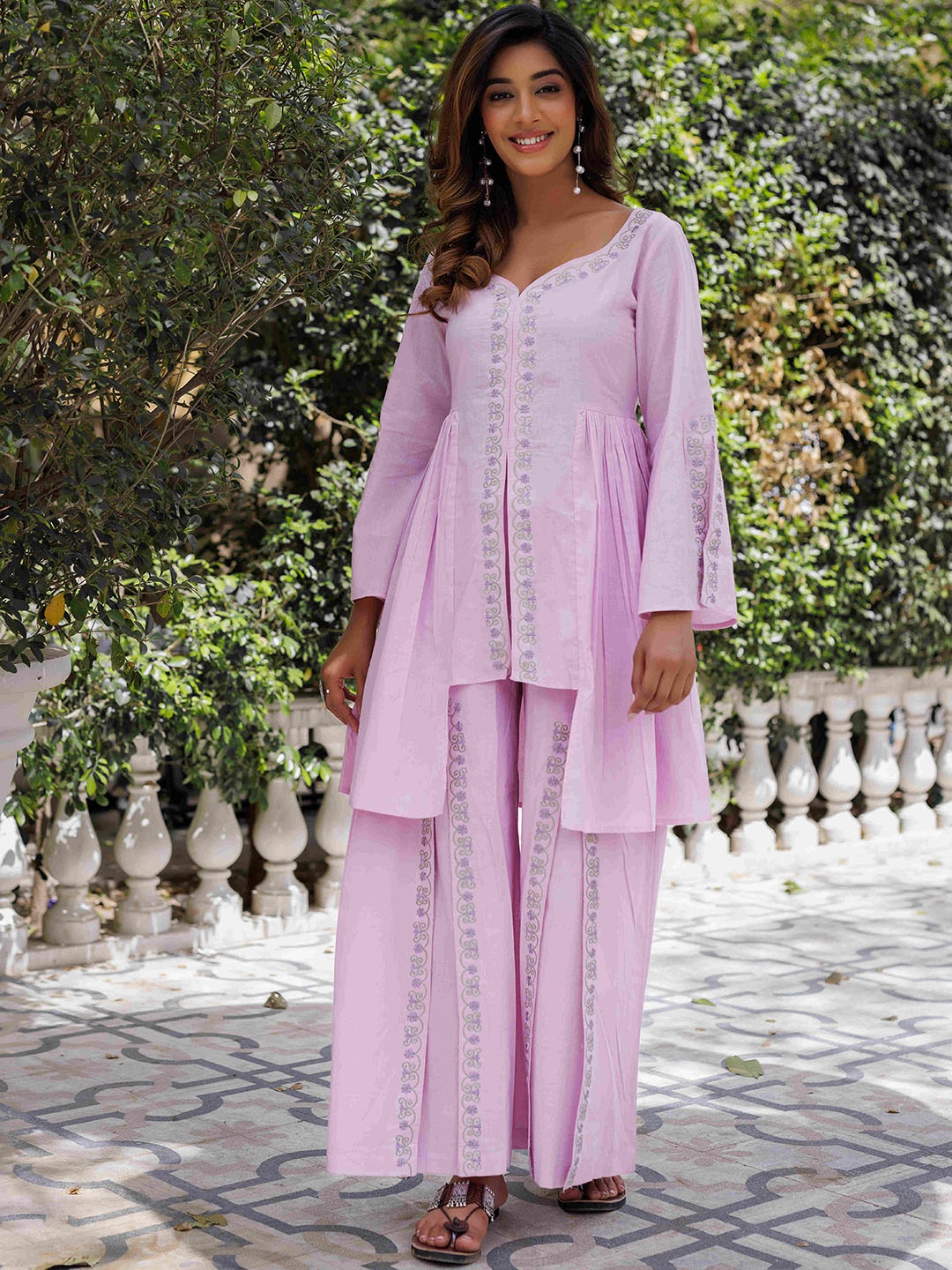 Ragavi Floral Embroidered Thread Work Pure Cotton A Line Kurta With Palazzos, Pink
Ragavi Floral Embroidered Thread Work Pure Cotton A Line Kurta With Palazzos, Pink