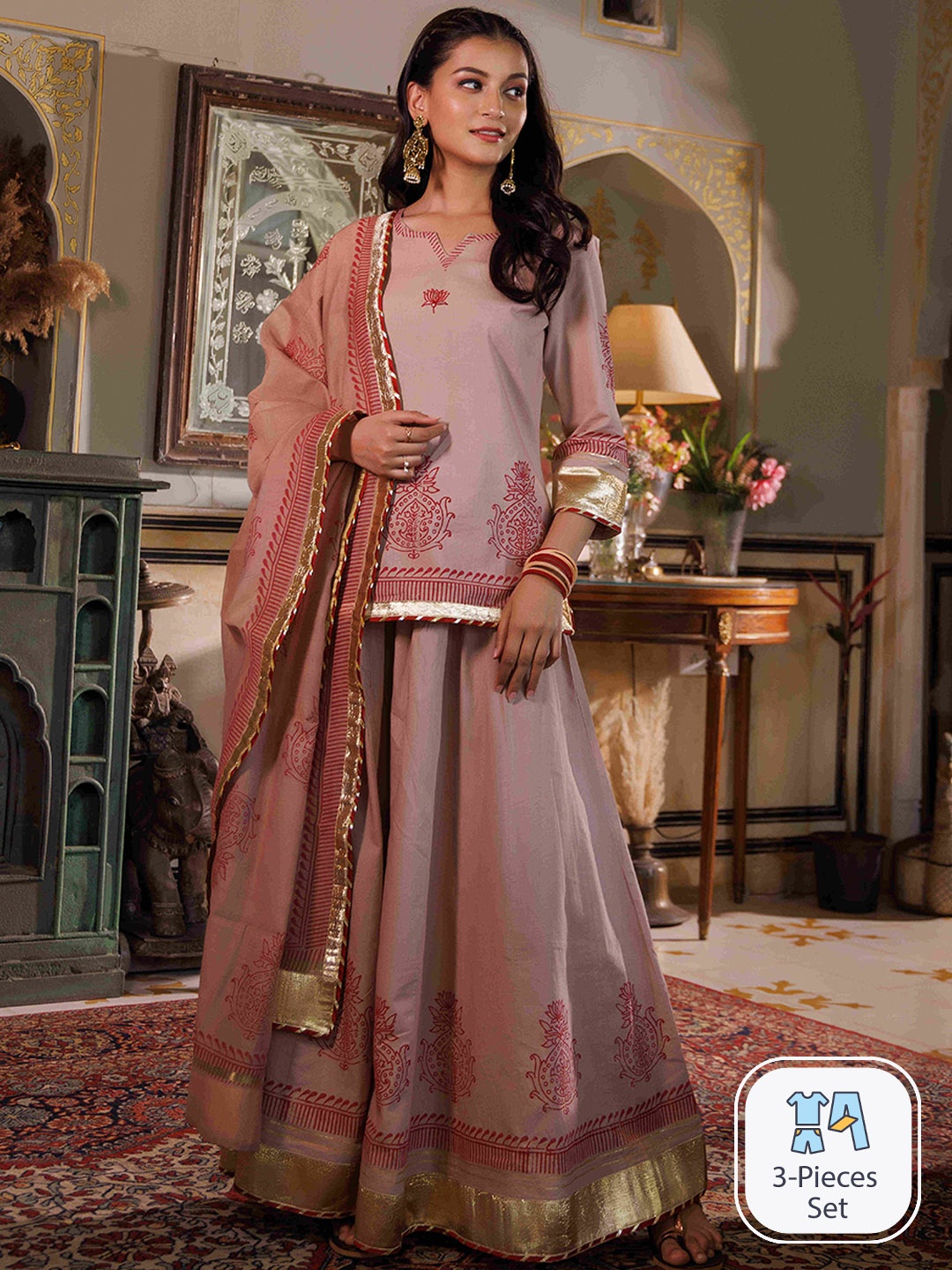 Ragavi Ethnic Motifs Printed Sequinned Detail Pure Cotton Kurti & Skirt With Dupatta, Brown
Ragavi Ethnic Motifs Printed Sequinned Detail Pure Cotton Kurti & Skirt With Dupatta, Brown