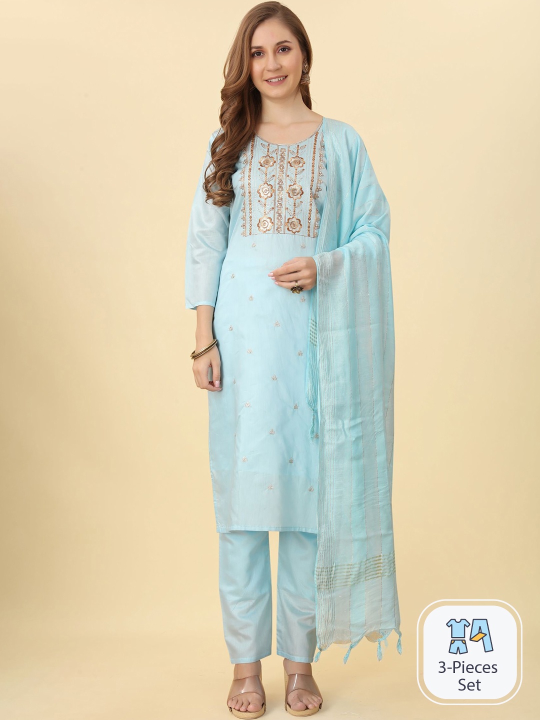 Bridha Floral Yoke Design Sequinned Chanderi Silk Straight Kurta With Trousers & Dupatta, Turquoise blue
Bridha Floral Yoke Design Sequinned Chanderi Silk Straight Kurta With Trousers & Dupatta, Turquoise blue