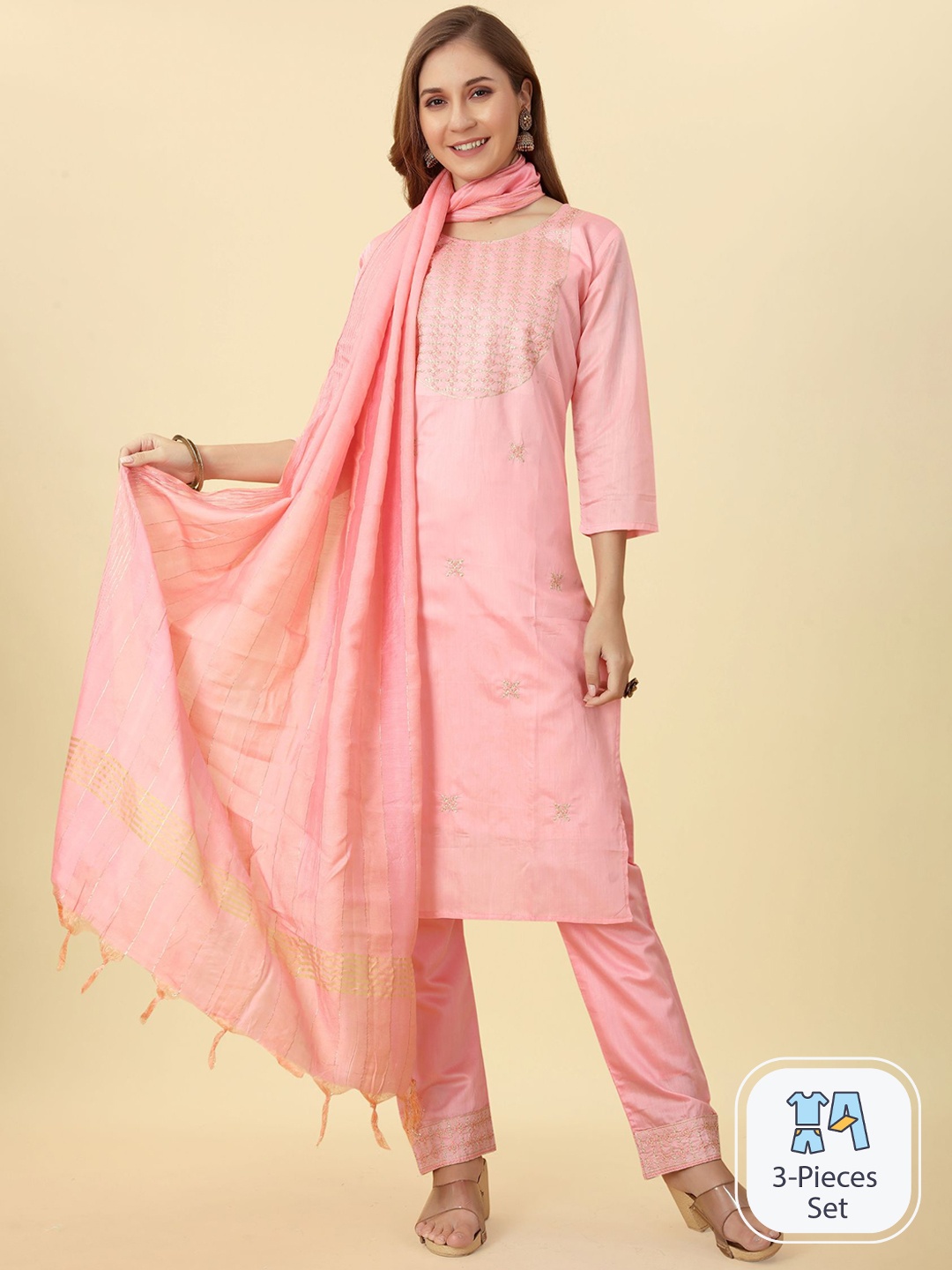 Bridha Ethnic Motifs Embroidered Kurta With Trousers & Dupatta, Pink