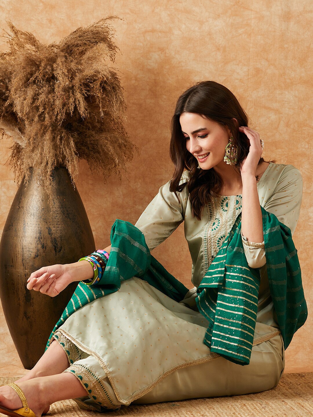 Sangria Ethnic Motifs Printed & Embroidered Straight Kurta With Palazzo & Dupatta Set, Green
Sangria Ethnic Motifs Printed & Embroidered Straight Kurta With Palazzo & Dupatta Set, Green
