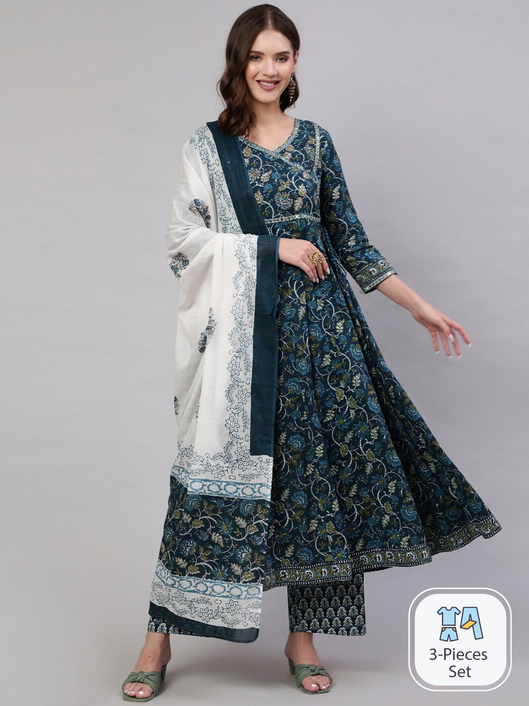 Mizaz Floral Printed Empire Mirror Work Pure Cotton Kurta With Trousers & Dupatta, Navy blue
Mizaz Floral Printed Empire Mirror Work Pure Cotton Kurta With Trousers & Dupatta, Navy blue