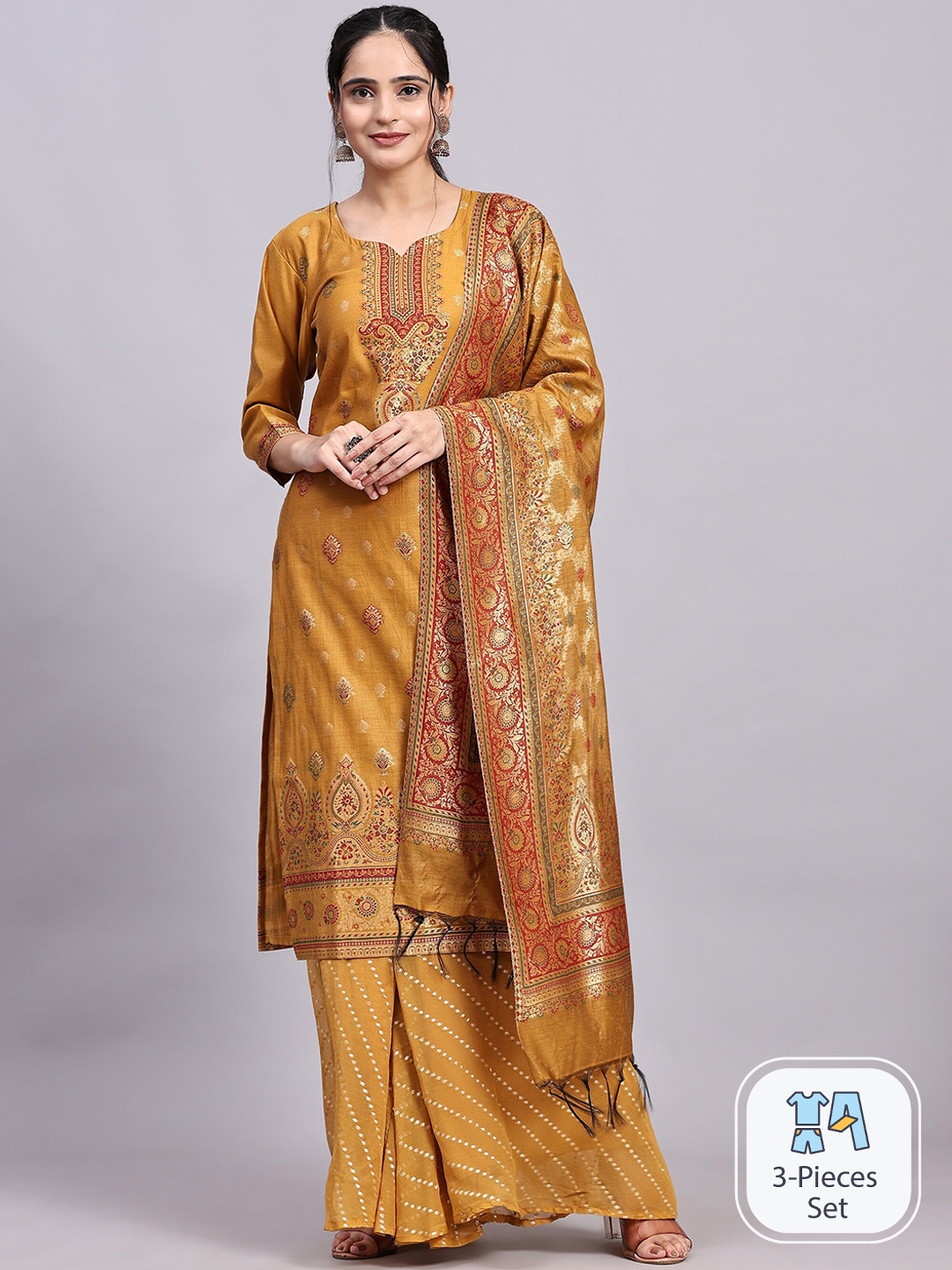 HOUSE OF KIRNA'S WITH LOGO OF HOK Ethnic Motifs Pure Cotton Kurta With Sharara & Dupatta, Mustard
HOUSE OF KIRNA'S WITH LOGO OF HOK Ethnic Motifs Pure Cotton Kurta With Sharara & Dupatta, Mustard