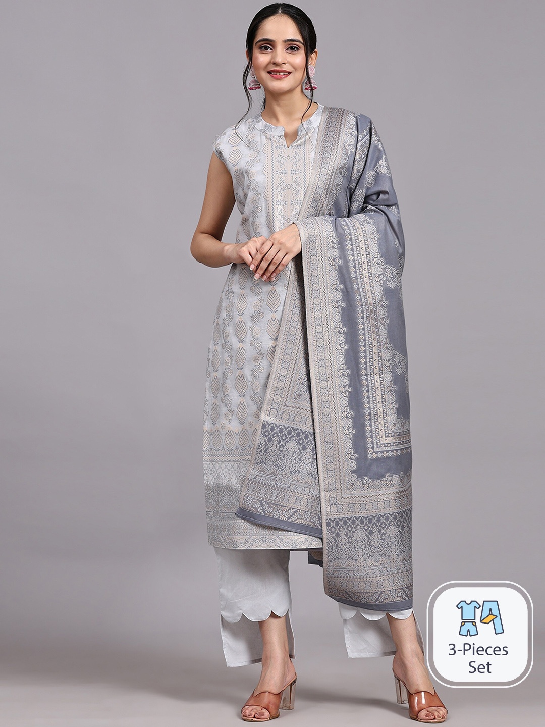 HOUSE OF KIRNA'S WITH LOGO OF HOK Ethnic Motifs Pure Cotton Kurta With Palazzos & Dupatta, Grey
HOUSE OF KIRNA'S WITH LOGO OF HOK Ethnic Motifs Pure Cotton Kurta With Palazzos & Dupatta, Grey