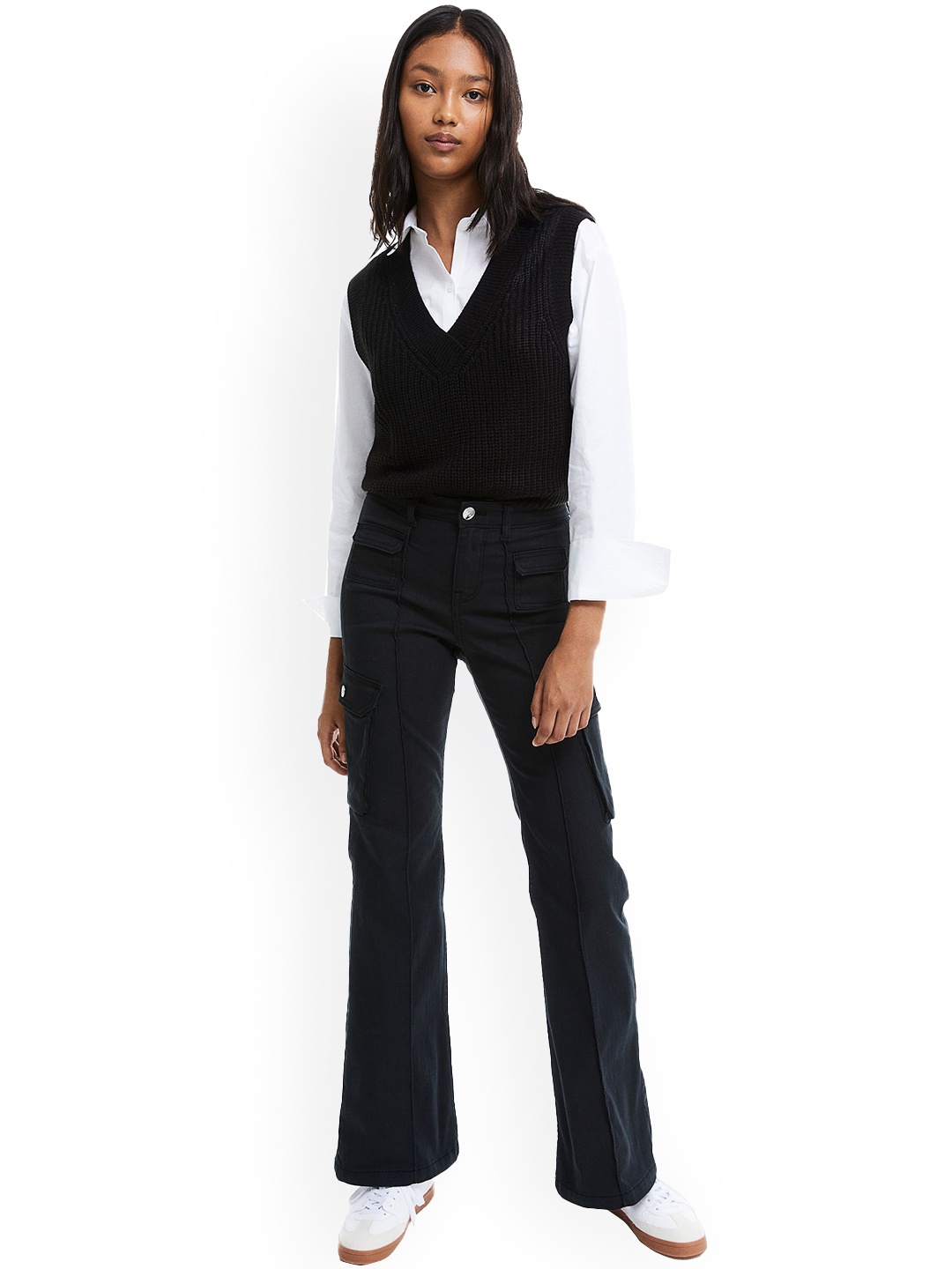 H&M Women Flared Cargo Trousers, Black