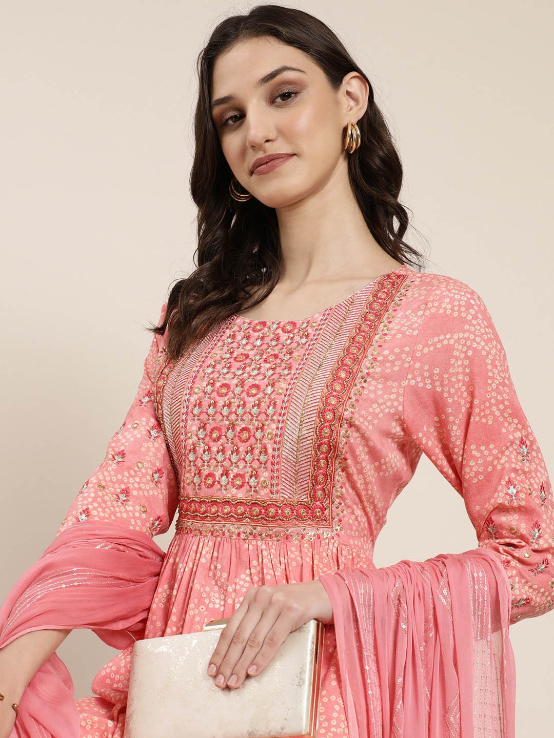SHOWOFF Bandhani Embroidered Thread Work Anarkali Kurta With Trousers & Dupatta, Coral
SHOWOFF Bandhani Embroidered Thread Work Anarkali Kurta With Trousers & Dupatta, Coral