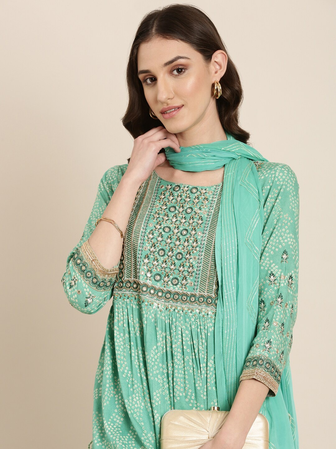 SHOWOFF Bandhani Printed Thread Work Detailed Pleated A-Line Kurta & Trousers With Dupatta, Green
SHOWOFF Bandhani Printed Thread Work Detailed Pleated A-Line Kurta & Trousers With Dupatta, Green