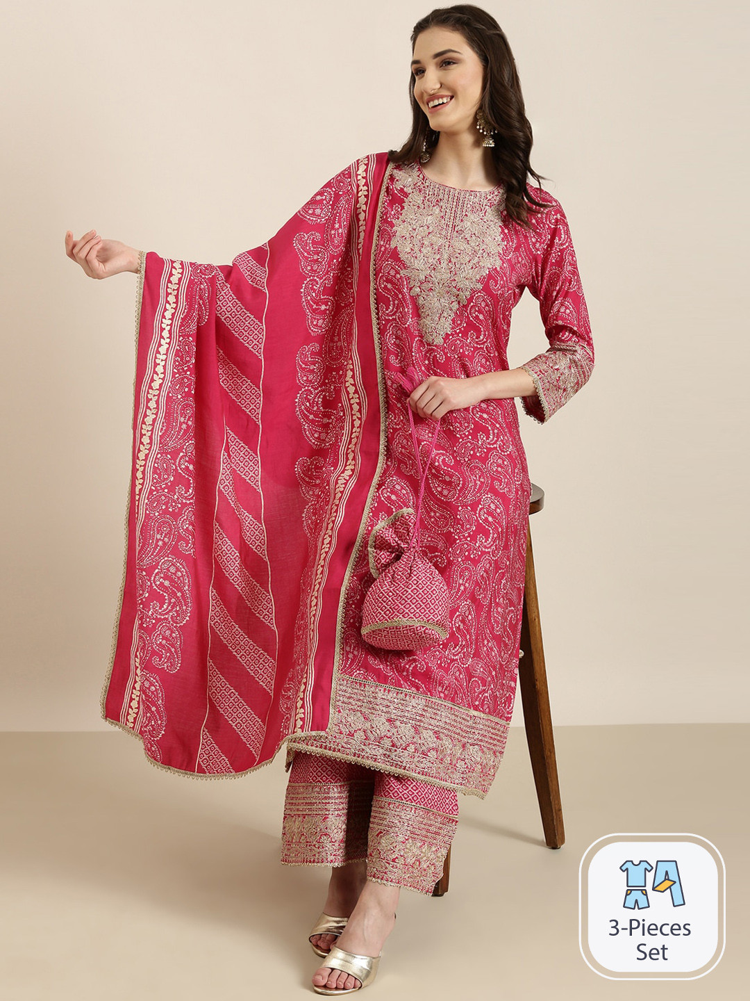 SHOWOFF Paisley Printed Gotta Patti Thread Work Straight Kurta & Palazzos With Dupatta, Fuchsia
SHOWOFF Paisley Printed Gotta Patti Thread Work Straight Kurta & Palazzos With Dupatta, Fuchsia