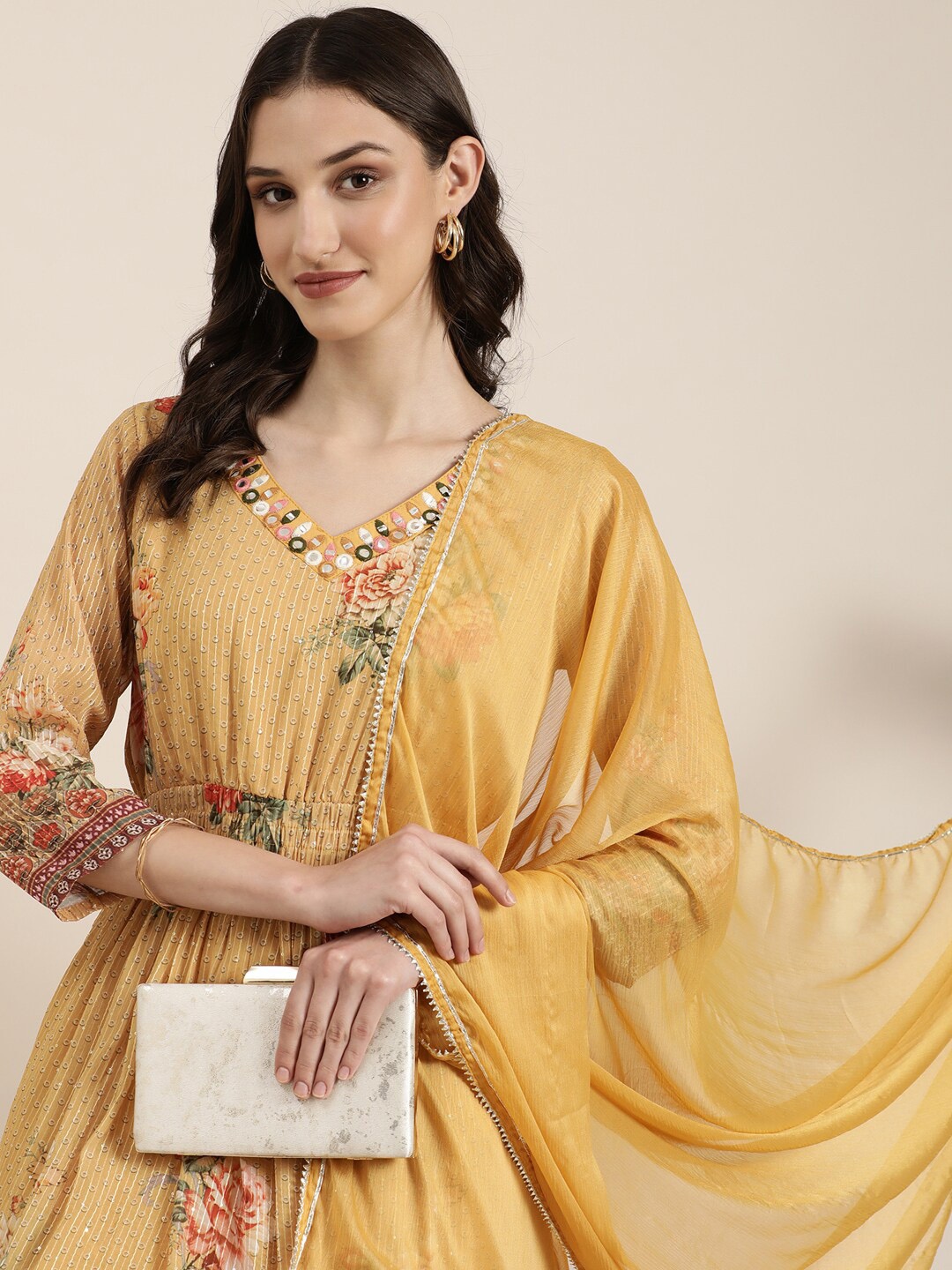 SHOWOFF Floral Printed Mirror Work Georgette A Line Kurta With Trousers & Dupatta, Mustard
SHOWOFF Floral Printed Mirror Work Georgette A Line Kurta With Trousers & Dupatta, Mustard