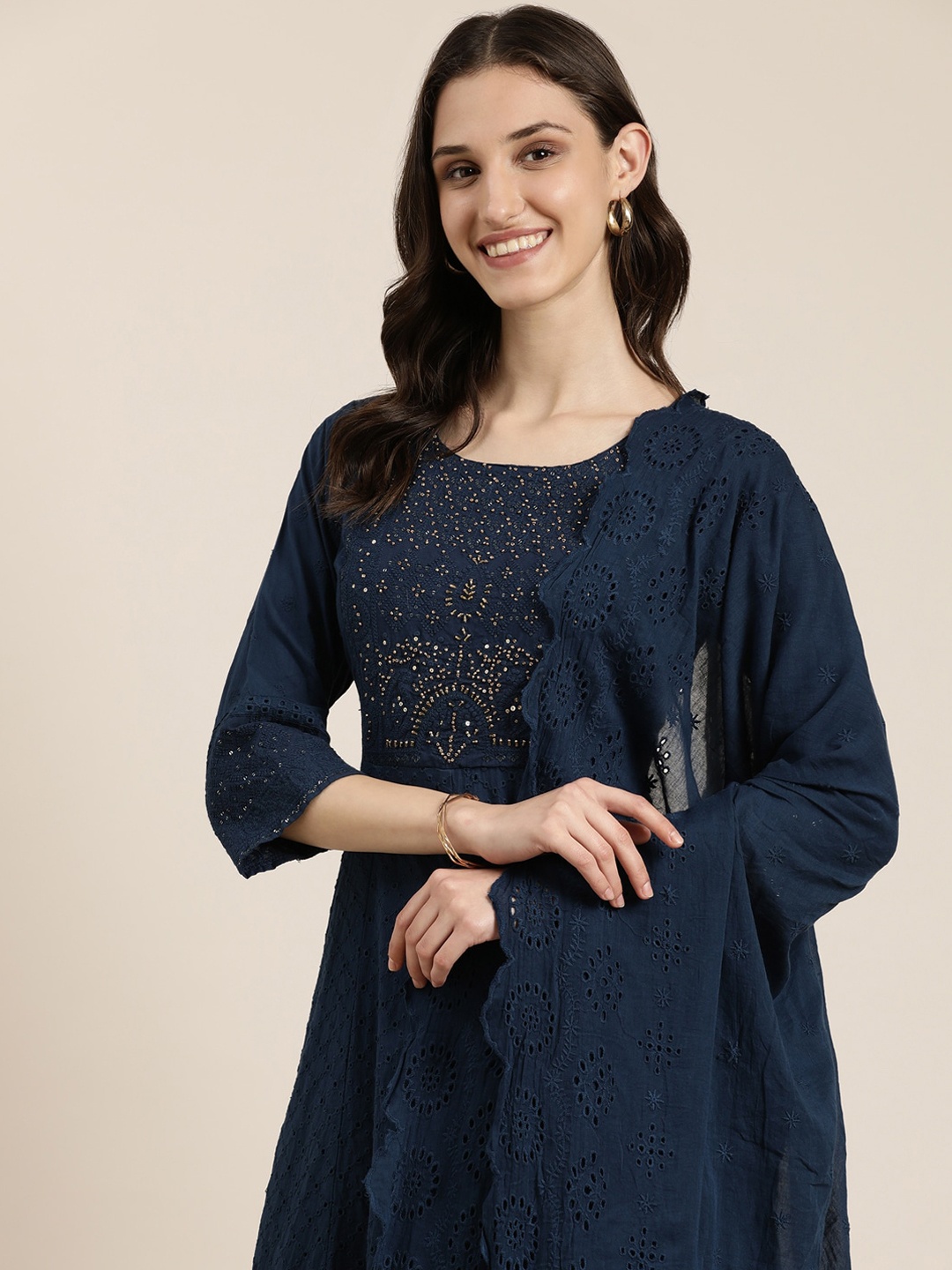 SHOWOFF Self Design Embroidered Sequined Anarkali Kurta & Palazzos With Dupatta, Navy blue
SHOWOFF Self Design Embroidered Sequined Anarkali Kurta & Palazzos With Dupatta, Navy blue
