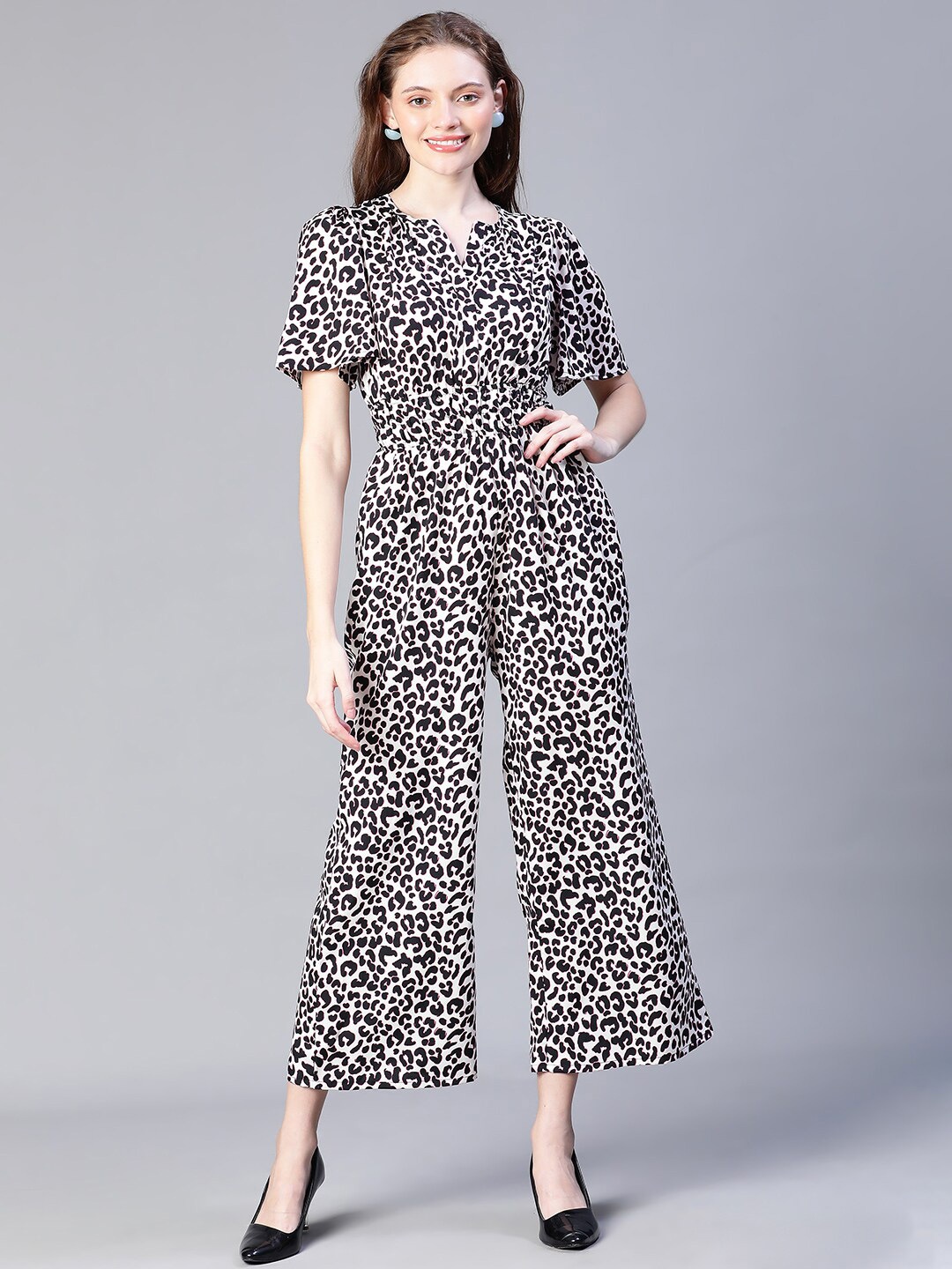Oxolloxo Animal Printed Smocked Basic Jumpsuit, White