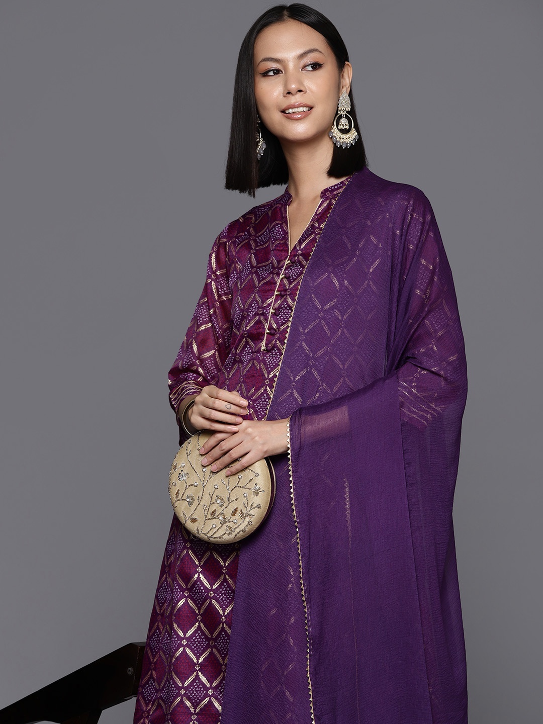 Varanga Women Bandhani Printed Panelled Kurta with Trousers & With Dupatta, Purple
Varanga Women Bandhani Printed Panelled Kurta with Trousers & With Dupatta, Purple