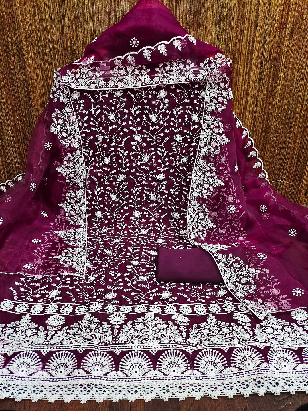 MANVAA Embroidered Organza Unstitched Dress Material, Purple