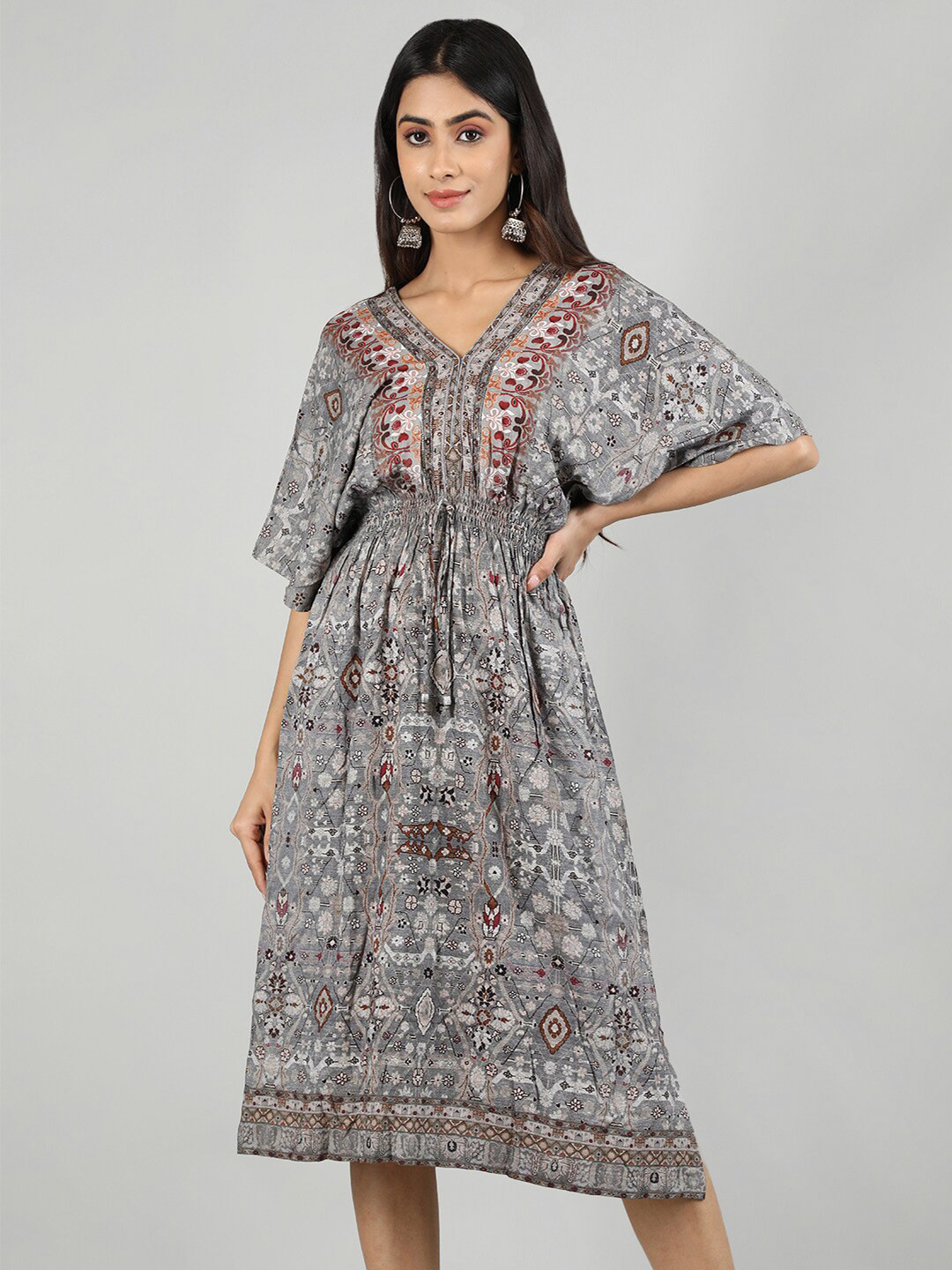 Rage Floral Printed V-Neck Kimono Sleeves Smocked Fit & Flare Midi Ethnic Dress, Grey
Rage Floral Printed V-Neck Kimono Sleeves Smocked Fit & Flare Midi Ethnic Dress, Grey