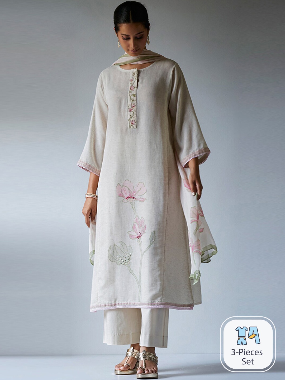 Ganga Floral Printed Thread Work Sequined Linen Kurta with Palazzos & Dupatta, Cream
Ganga Floral Printed Thread Work Sequined Linen Kurta with Palazzos & Dupatta, Cream