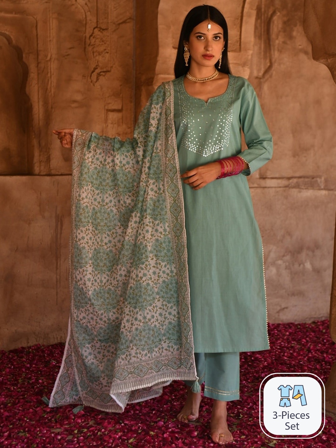 KARAJ JAIPUR Yoke Design Notched Neck Mirror Work Straight Kurta with Trousers & Dupatta, Green
KARAJ JAIPUR Yoke Design Notched Neck Mirror Work Straight Kurta with Trousers & Dupatta, Green
