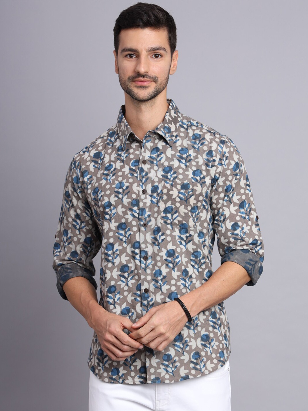 Sutidora Floral Printed Classic Cotton Casual Shirt, Grey