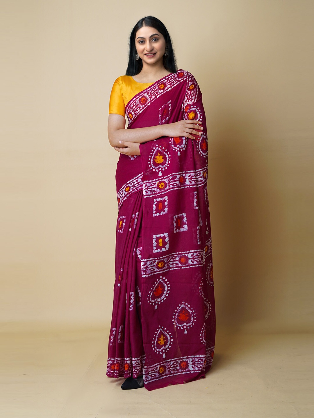 Unnati Silks Batik Printed Pure Cotton Chanderi Saree, Maroon