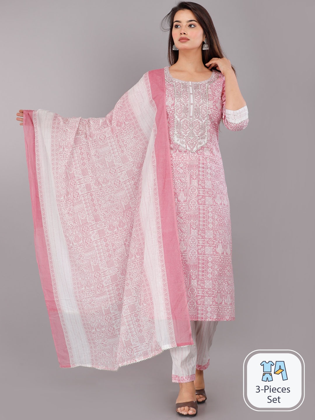 HIGHLIGHT FASHION EXPORT Ethnic Motifs Printed Pure Cotton Kurta With Trousers & Dupatta, Pink
HIGHLIGHT FASHION EXPORT Ethnic Motifs Printed Pure Cotton Kurta With Trousers & Dupatta, Pink