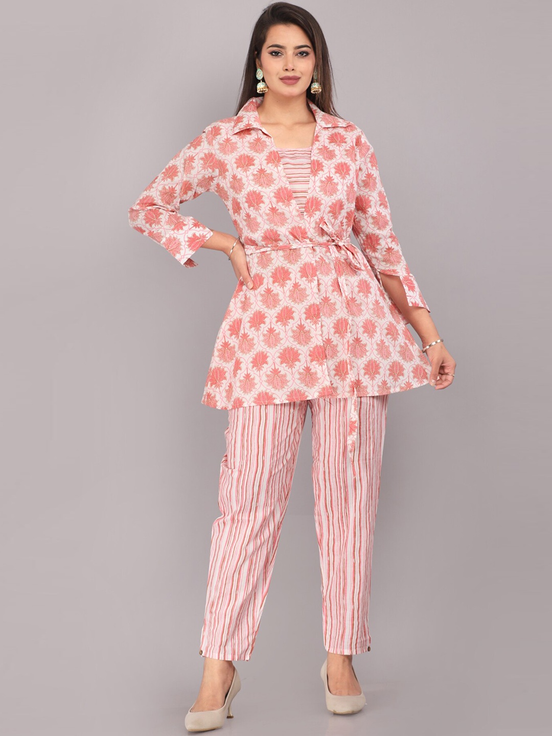 JC4U Printed Pure Cotton Crop Top With Trousers & With Jacket, Red