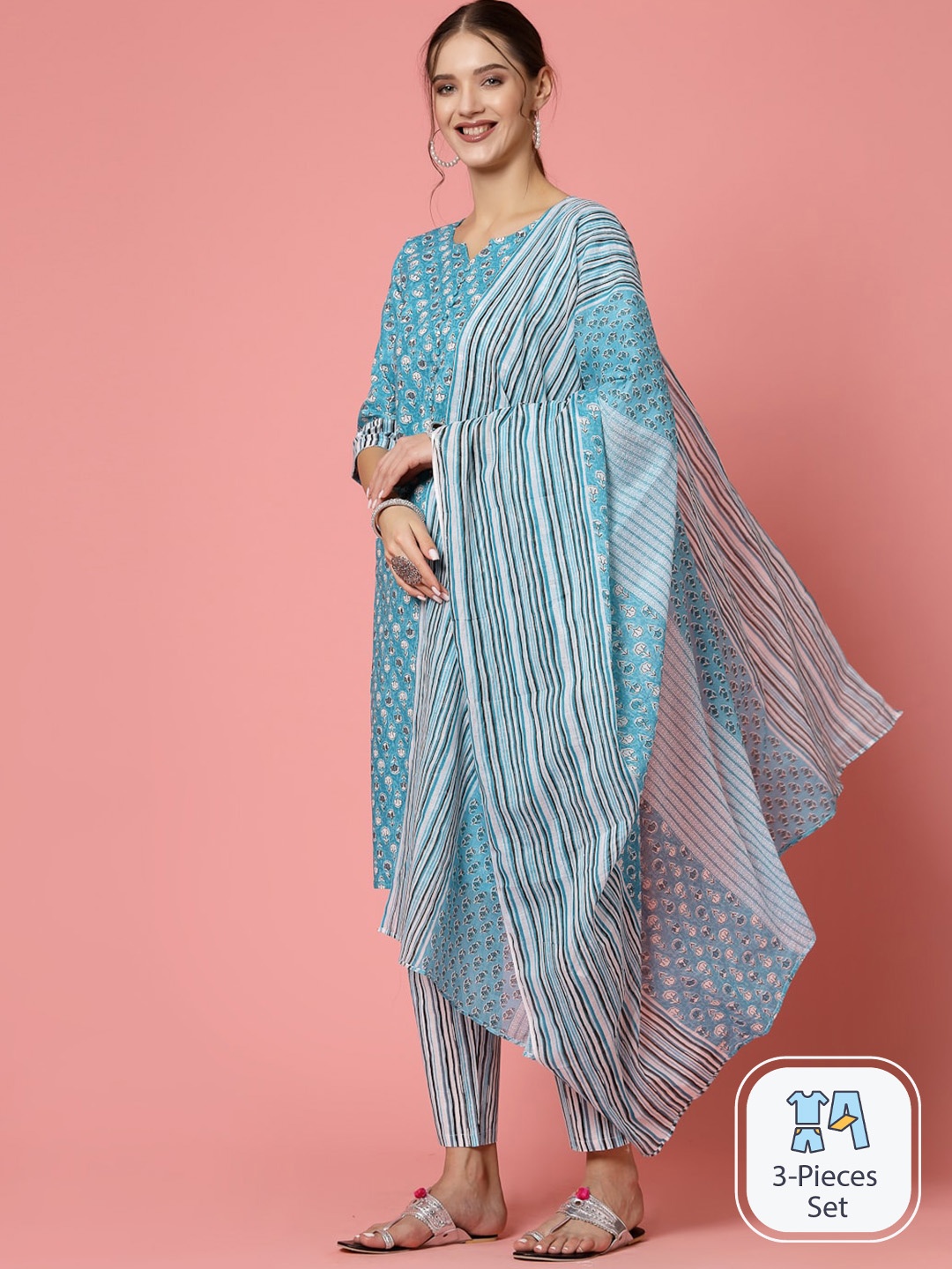Molly & Michel Floral Printed Regular Pure Cotton Straight Kurta & Trousers With Dupatta, Turquoise blue
Molly & Michel Floral Printed Regular Pure Cotton Straight Kurta & Trousers With Dupatta, Turquoise blue