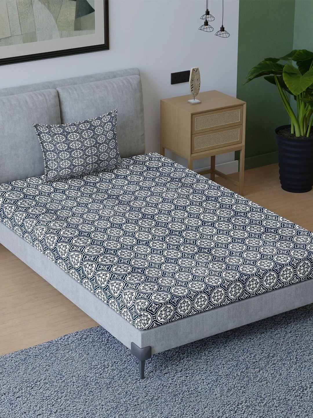 Sangria Blue & White Geometric 200 TC Pure Cotton Single Bedsheet With 1 Pillow Cover
Sangria Blue & White Geometric 200 TC Pure Cotton Single Bedsheet With 1 Pillow Cover