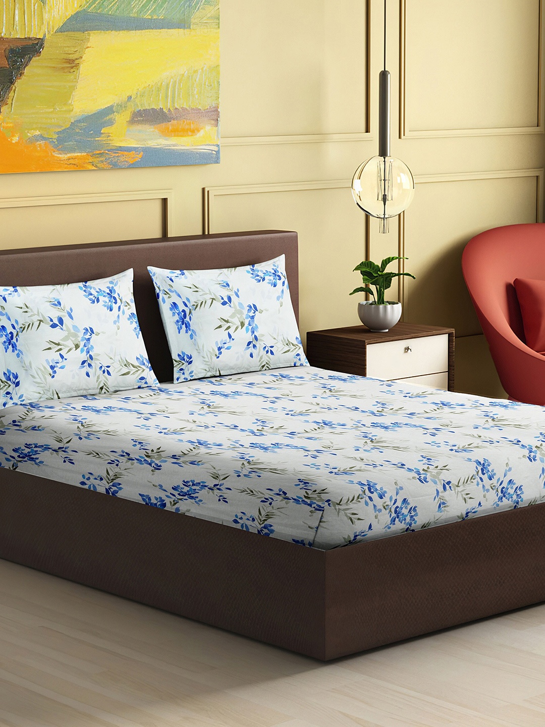 HERE&NOW Tussah White & Blue Floral Pure Cotton 120 TC King Bedsheet with 2 Pillow Covers
HERE&NOW Tussah White & Blue Floral Pure Cotton 120 TC King Bedsheet with 2 Pillow Covers