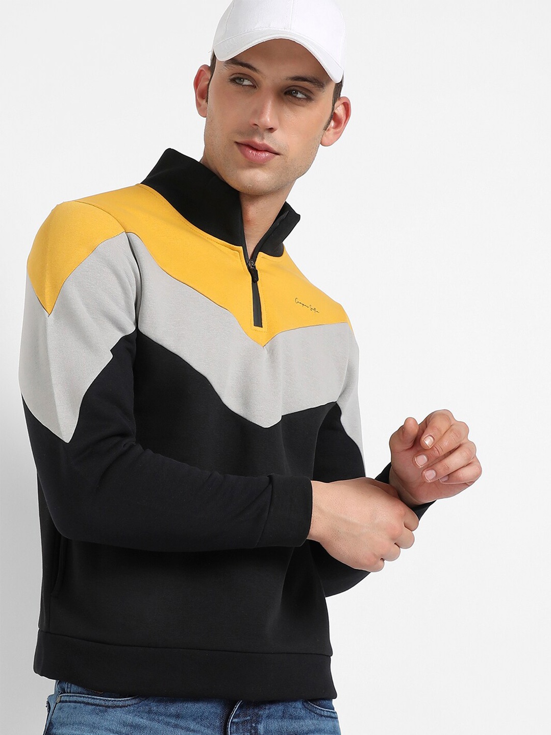 Campus Sutra Colourblocked Cotton Mock Collar Half Ziper Front Open Sweatshirt, Black
Campus Sutra Colourblocked Cotton Mock Collar Half Ziper Front Open Sweatshirt, Black