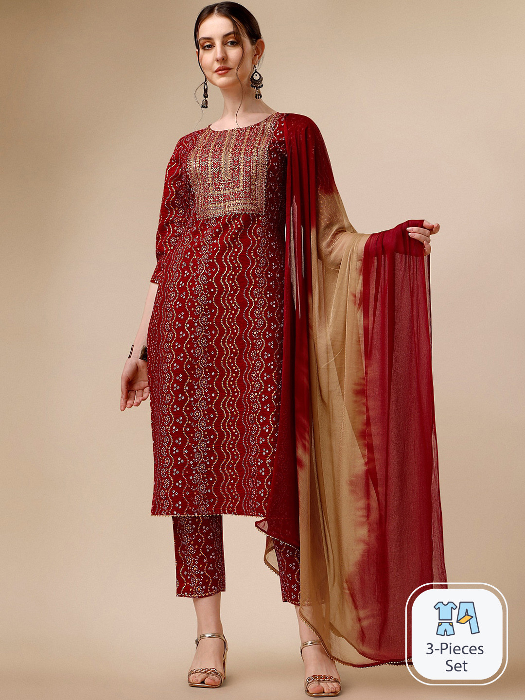 KALINI Bandhani Printed Thread Work Kurta with Trousers & Dupatta, Maroon
KALINI Bandhani Printed Thread Work Kurta with Trousers & Dupatta, Maroon