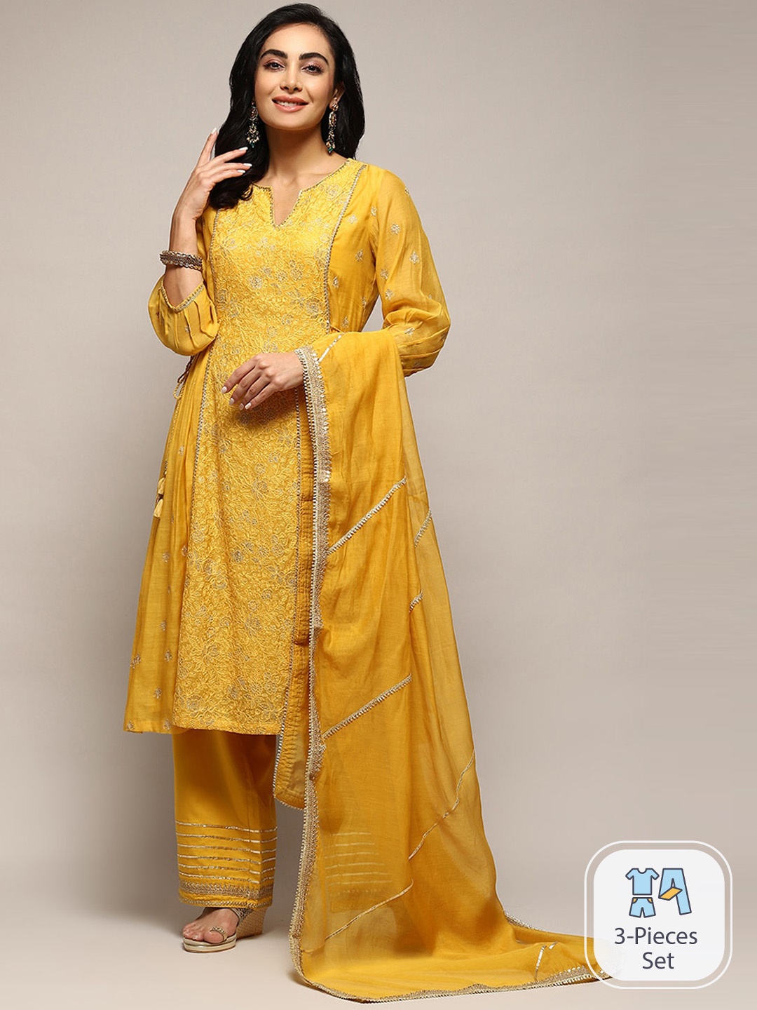 Biba Ethnic Motifs Embroidered Gotta Patti Kurta with Palazzos & With Dupatta, Yellow
Biba Ethnic Motifs Embroidered Gotta Patti Kurta with Palazzos & With Dupatta, Yellow