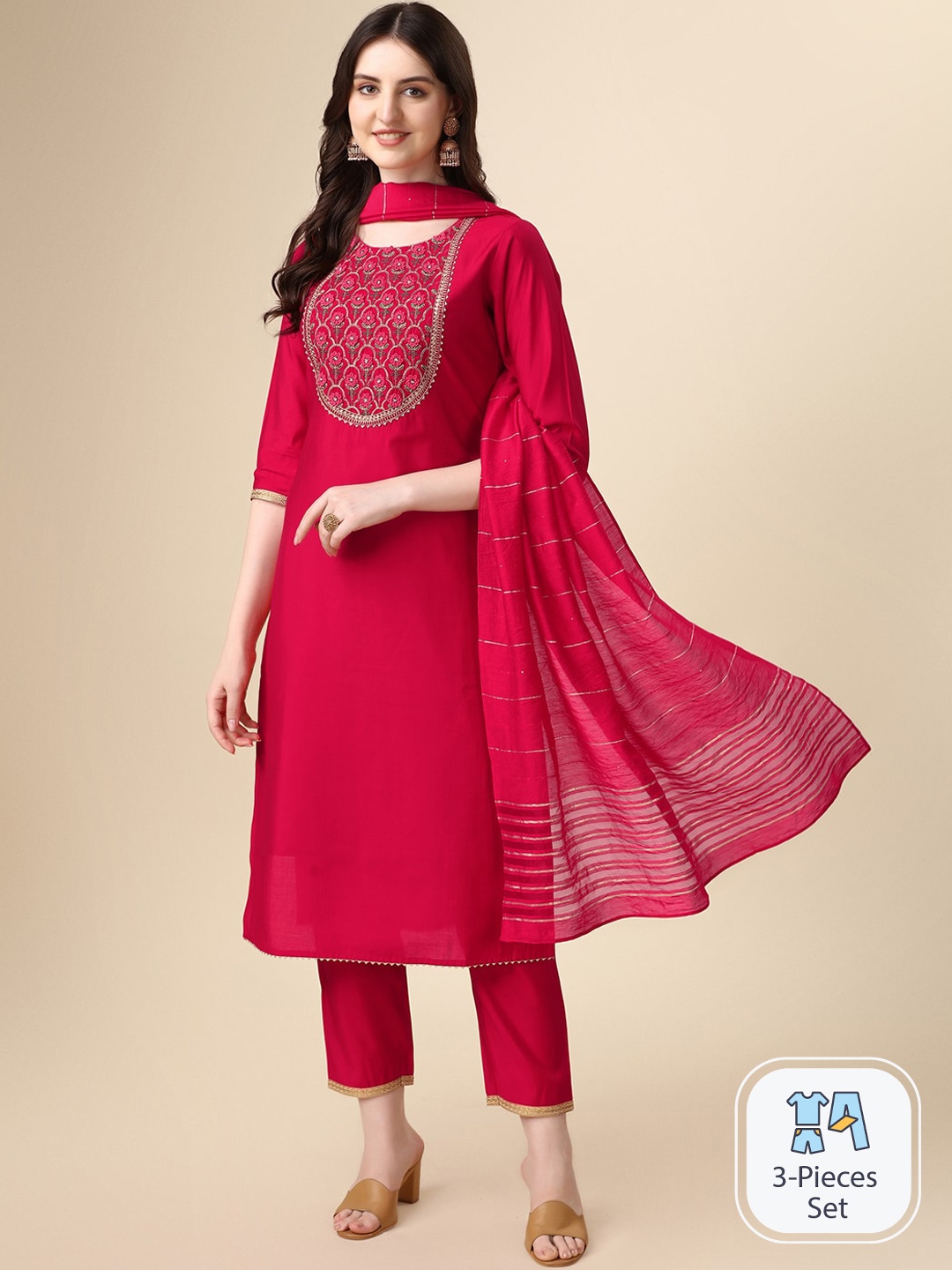 KALINI Yoke Design Thread Work Gotta Patti Chanderi Cotton Kurta with Trousers & Dupatta, Fuchsia
KALINI Yoke Design Thread Work Gotta Patti Chanderi Cotton Kurta with Trousers & Dupatta, Fuchsia