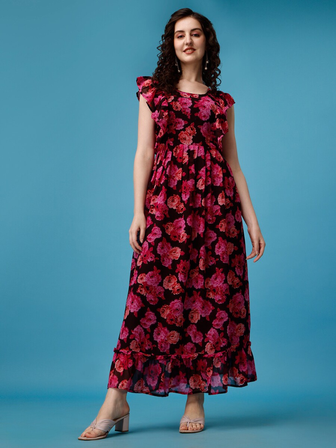 Fashion2wear Floral Print Round Neck Flutter Sleeves Fit&flare Pleated Maxi dress, Maroon