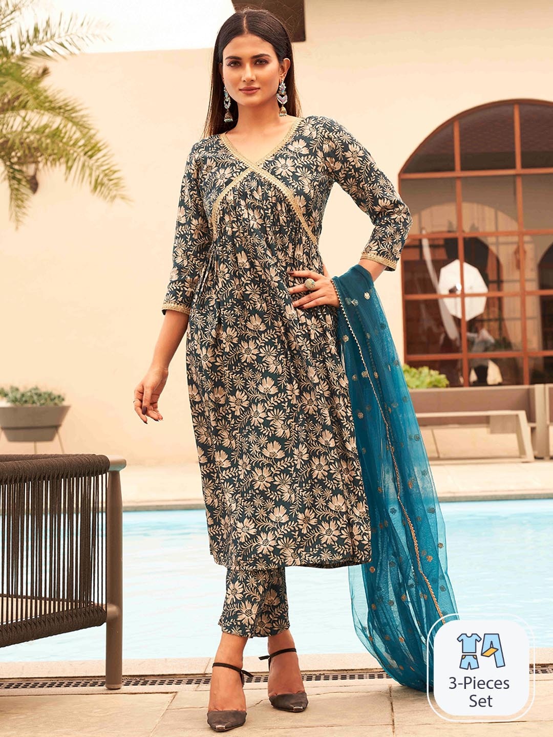 Tikhi Imli Women Floral Printed Empire Sequinned Kurta With Trousers & Dupatta, Teal
Tikhi Imli Women Floral Printed Empire Sequinned Kurta With Trousers & Dupatta, Teal