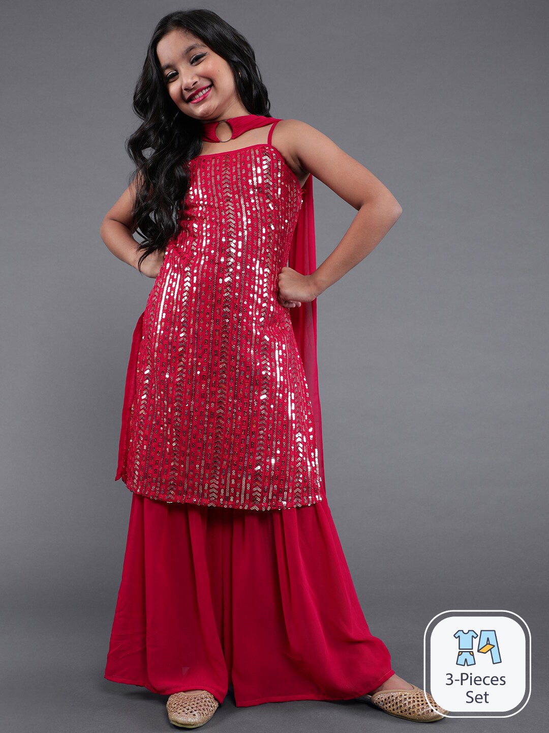 Aks Kids Girls Embroidered Sequinned Georgette Kurta with Sharara & With Dupatta, Pink
Aks Kids Girls Embroidered Sequinned Georgette Kurta with Sharara & With Dupatta, Pink