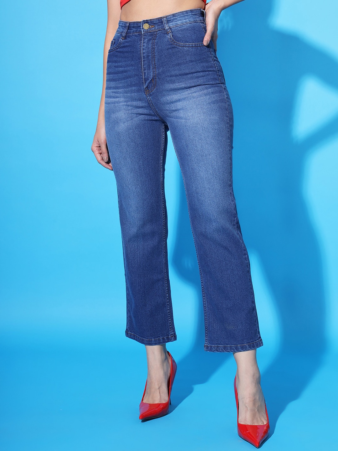 BAESD Women Flared High-Rise Whiskers and Chevrons Clean Look Cotton Cropped Jeans, Blue
BAESD Women Flared High-Rise Whiskers and Chevrons Clean Look Cotton Cropped Jeans, Blue