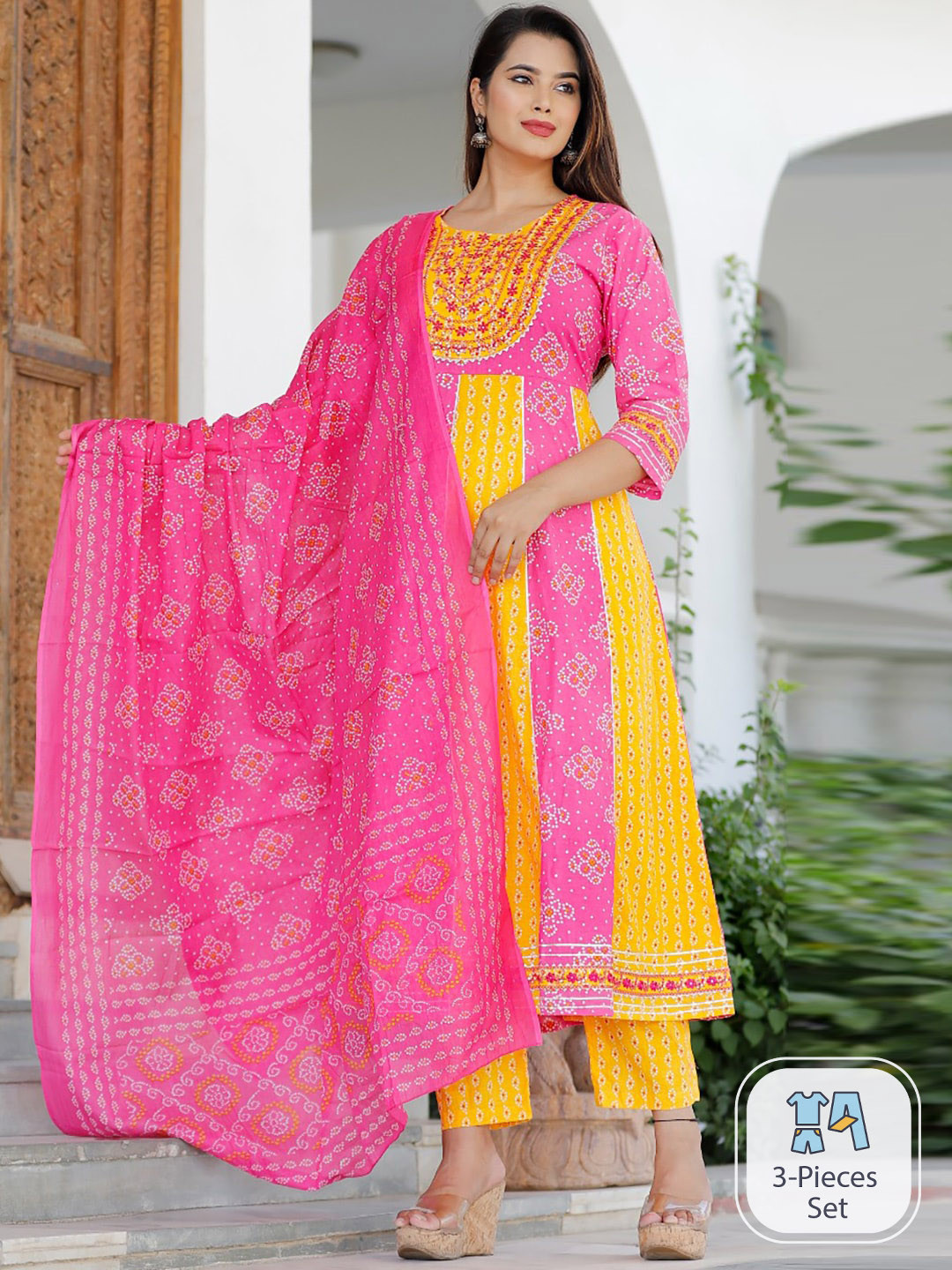 KALINI Bandhani Printed Thread Work Anarkali Pure Cotton Kurta with Trousers & Dupatta, Pink
KALINI Bandhani Printed Thread Work Anarkali Pure Cotton Kurta with Trousers & Dupatta, Pink