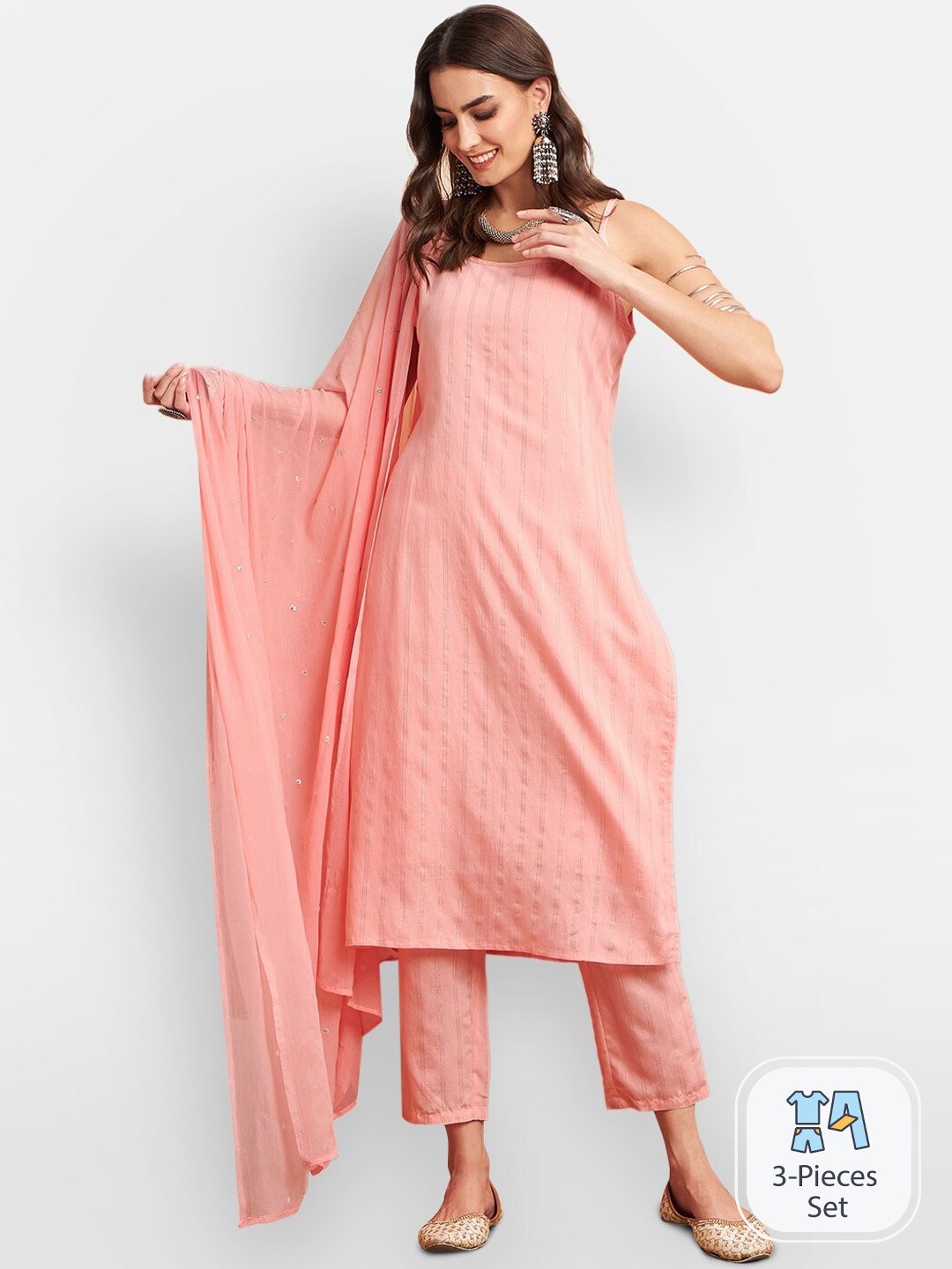 DIVYANK Striped Shoulder Straps Chanderi Silk Straight Kurta With Trousers & Dupatta, Pink
DIVYANK Striped Shoulder Straps Chanderi Silk Straight Kurta With Trousers & Dupatta, Pink