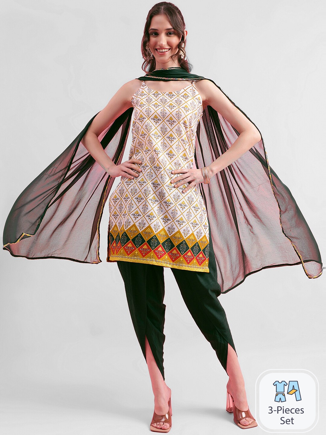 KALINI Shoulder Strap Ethnic Motifs Printed Regular Kurti & Dhoti Pants With Dupatta, White
KALINI Shoulder Strap Ethnic Motifs Printed Regular Kurti & Dhoti Pants With Dupatta, White