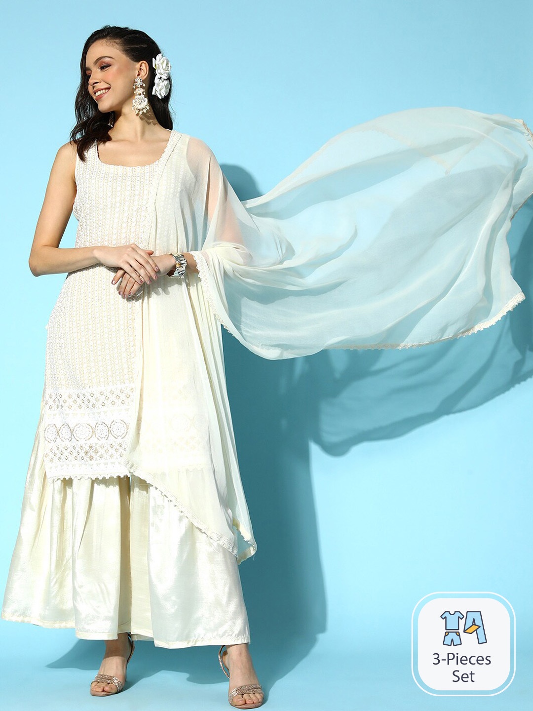 Ishin Floral Embroidered Sequinned Detail Straight Kurta & Sharara With Dupatta, Off white
Ishin Floral Embroidered Sequinned Detail Straight Kurta & Sharara With Dupatta, Off white
