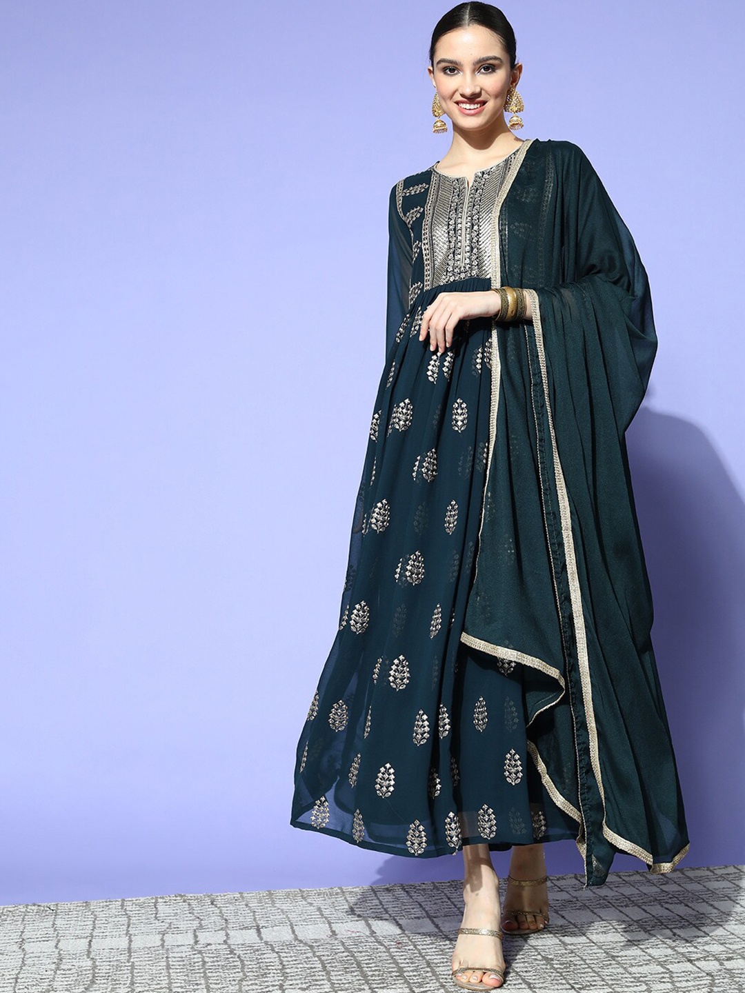 Ishin Ethnic Motifs Embroidered Georgette Fit & Flare Maxi Ethnic Dress With Dupatta, Navy blue
Ishin Ethnic Motifs Embroidered Georgette Fit & Flare Maxi Ethnic Dress With Dupatta, Navy blue