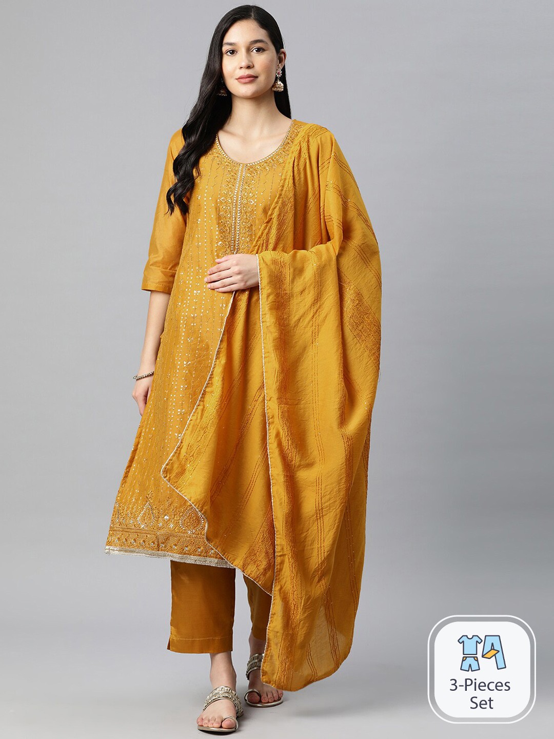 Ishin Ethnic Motifs Embroidered Regular Sequinned Kurta With Trousers & Dupatta, Mustard
Ishin Ethnic Motifs Embroidered Regular Sequinned Kurta With Trousers & Dupatta, Mustard